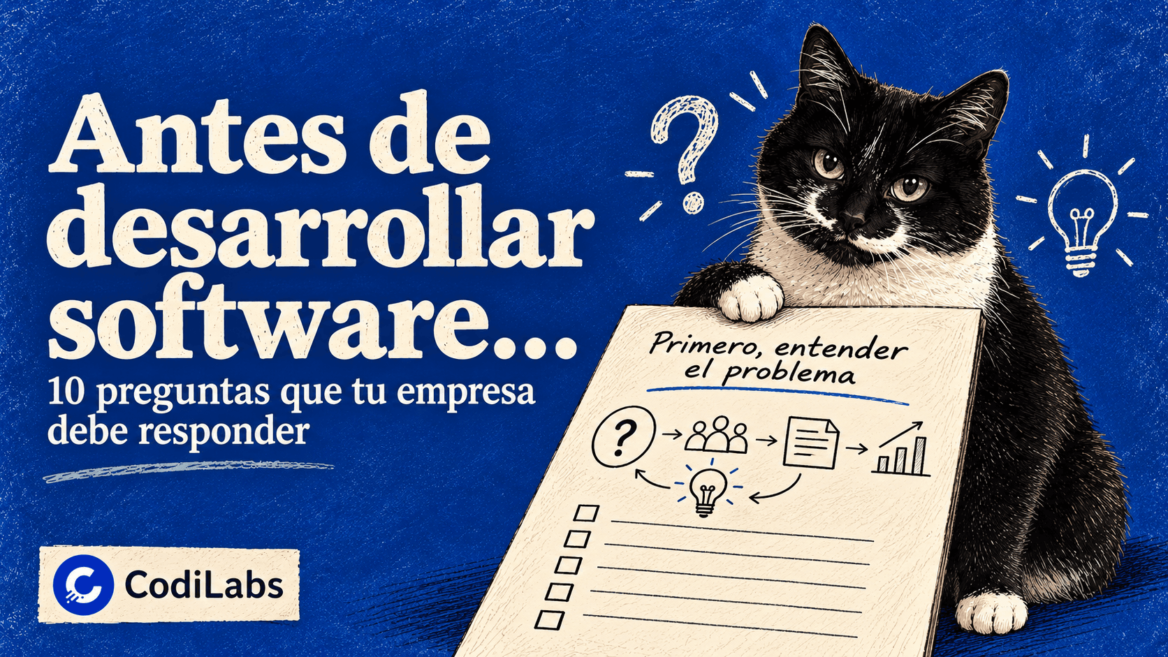 Ilustración de CodiLabs con un gato, un documento de descubrimiento y un flujo de proceso para preparar un proyecto de software.