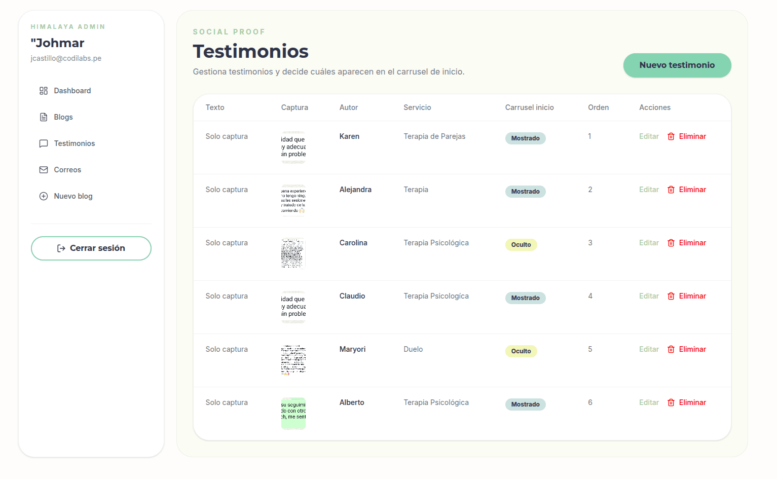 Himalaya Ser sitio web con CMS para clínica de psicología